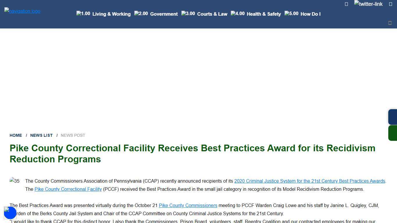 Pike County Correctional Facility Receives Best Practices Award for its Recidivism Reduction Programs
